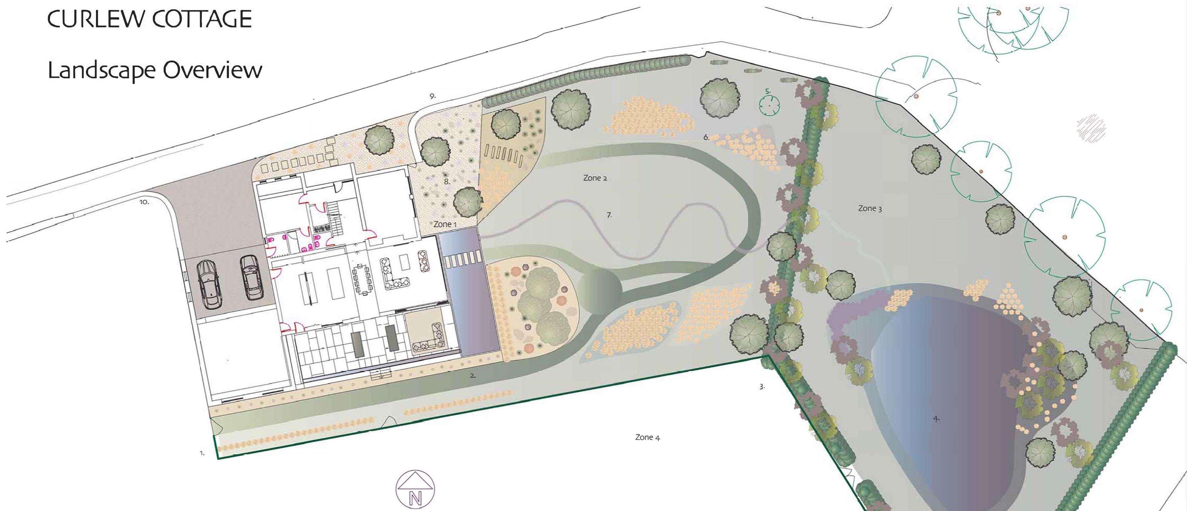 A landscape overview site plan for Curlew Cottage showing the building footprint, driveway with parking, and various landscaped zones including a pond.