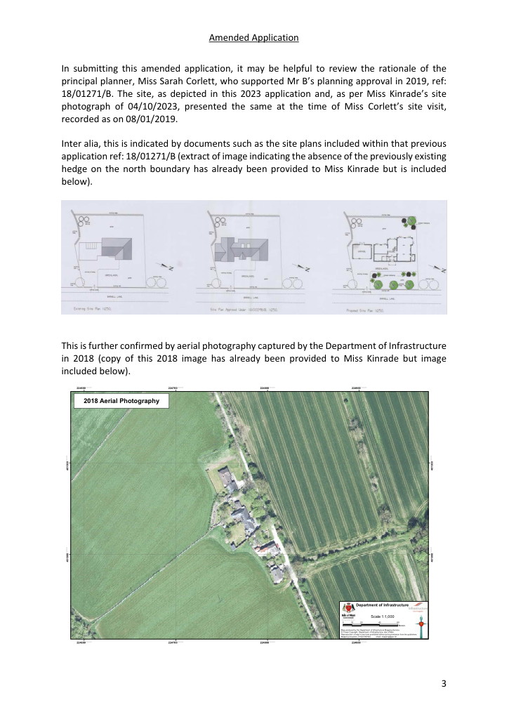 This page from an amended planning application displays three site plan diagrams and a 2018 aerial photograph of a rural property with fields.
