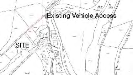 A black and white site location plan indicating the development site boundaries and the existing vehicle access point from the road.