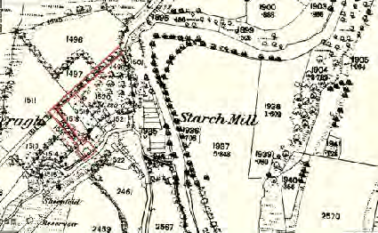 An old Ordnance Survey map showing the site location of the 'Starch Mill' and surrounding land parcels with field numbers and boundary lines.