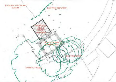 A site plan illustrating the proposed single storey extension attached to an existing stone building, highlighting surrounding features like trees, a river, and access points.