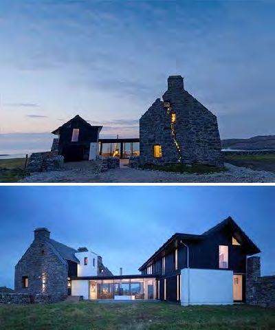 Composite image showing the exterior of a converted stone mill building with a modern extension in a rural coastal setting.