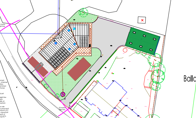 A site plan showing the proposed layout for a new dwelling, including building footprint, driveway, and landscaping features.