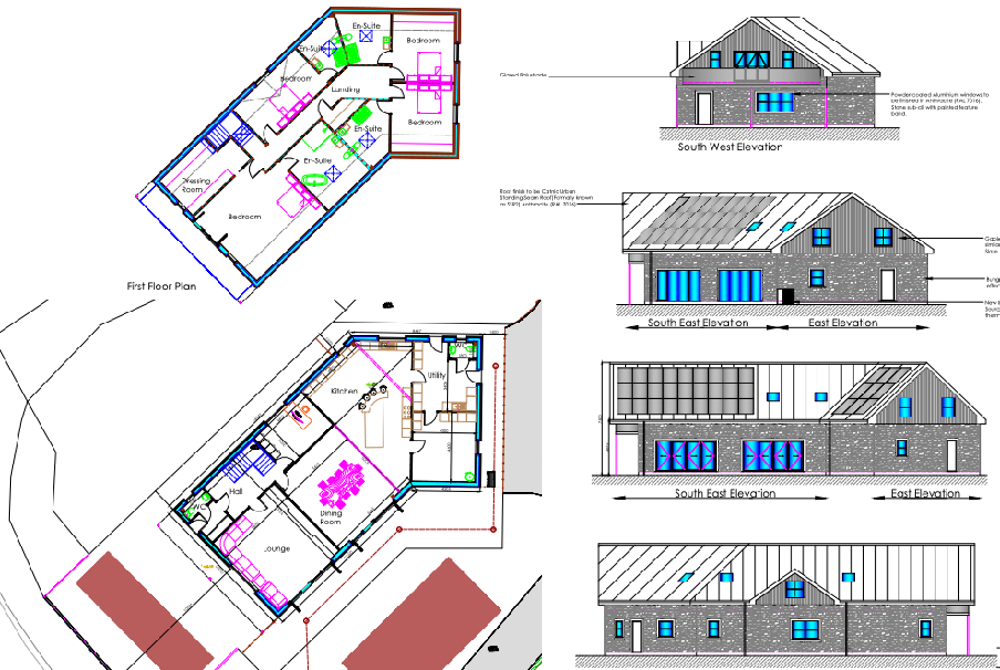 Architectural drawings showing the first and ground floor plans alongside South West, South East, and East elevations of a proposed detached dwelling.