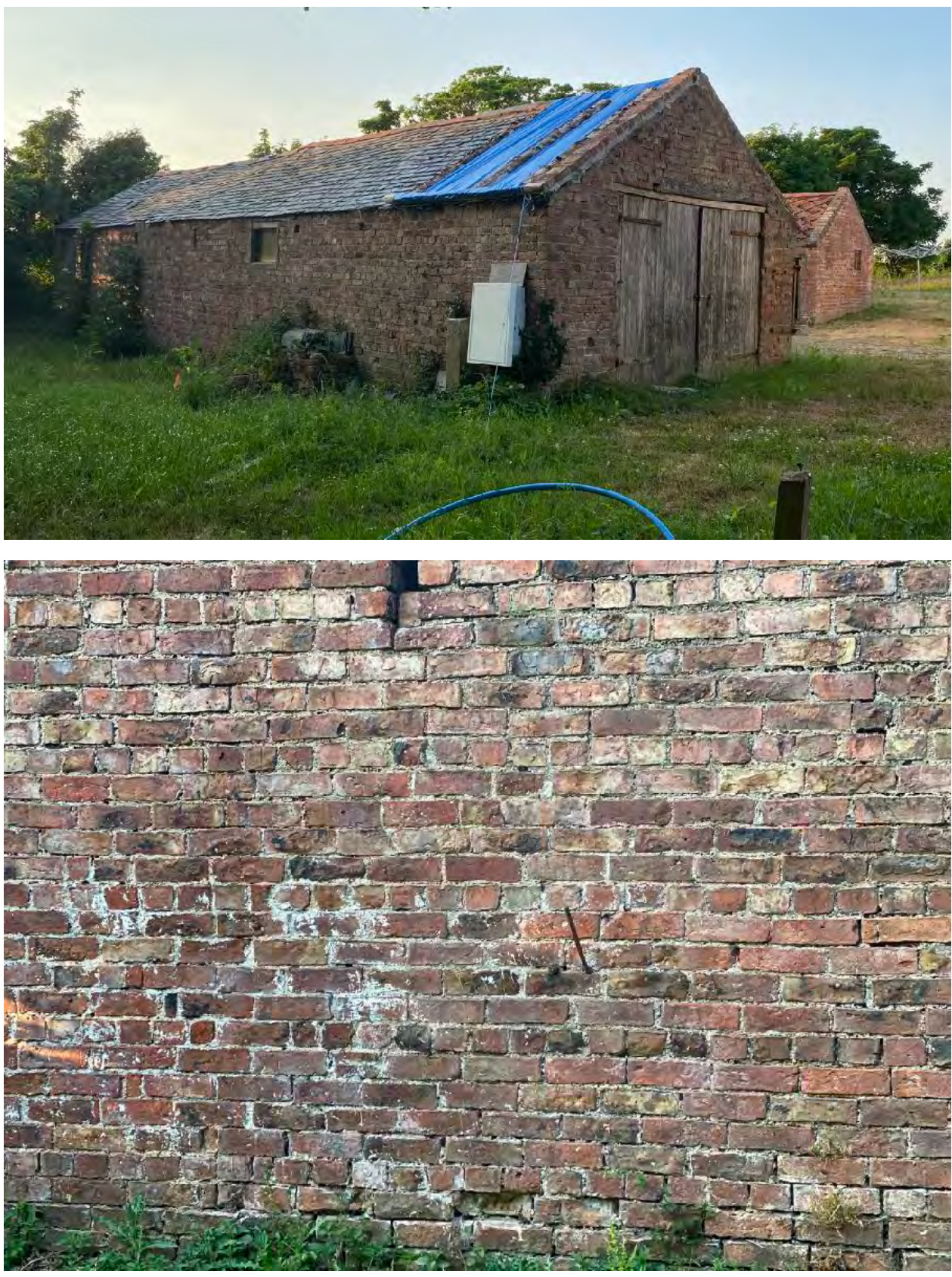 A composite image showing the exterior of a brick outbuilding with a blue tarp on the roof and a close-up detail of the brickwork.