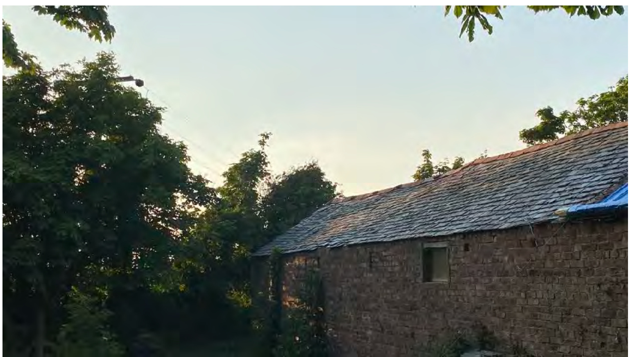 A photograph showing the exterior of a stone outbuilding with a slate roof, surrounded by trees and vegetation.