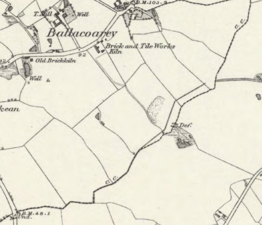 A historical map extract showing the Ballacoarey area with field boundaries, roads, and labels for brick kilns and a mill.