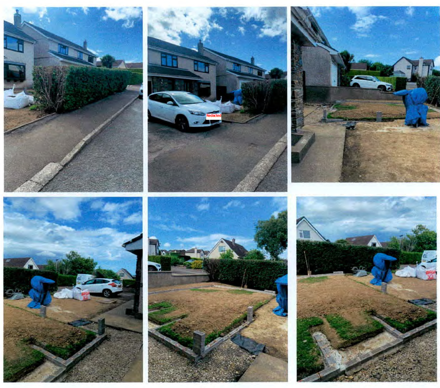 A collage of six photographs showing the existing driveway and front garden area of a detached house, including views of new paving work and brick edging.