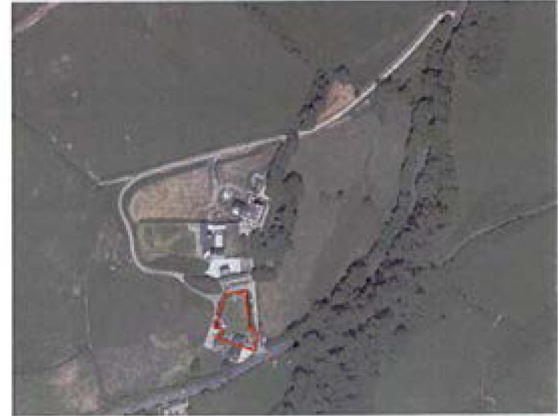 Aerial site location plan showing a rural property with a red boundary outline indicating the application area.
