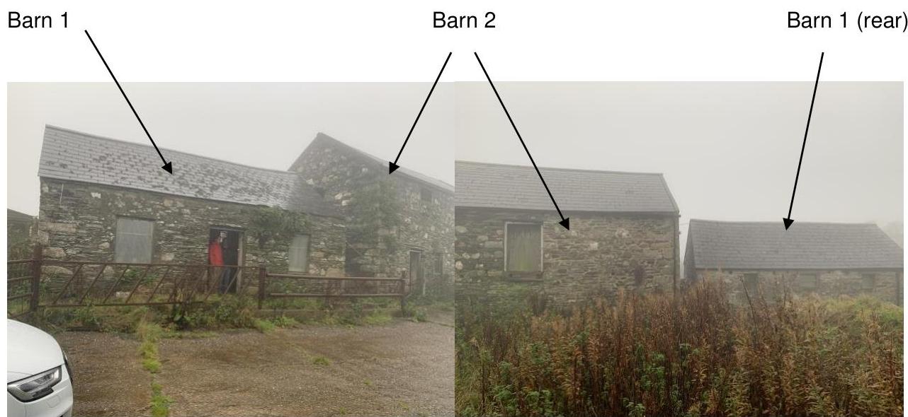 Composite photograph showing existing stone barns labeled Barn 1 and Barn 2 with arrows indicating specific structures.