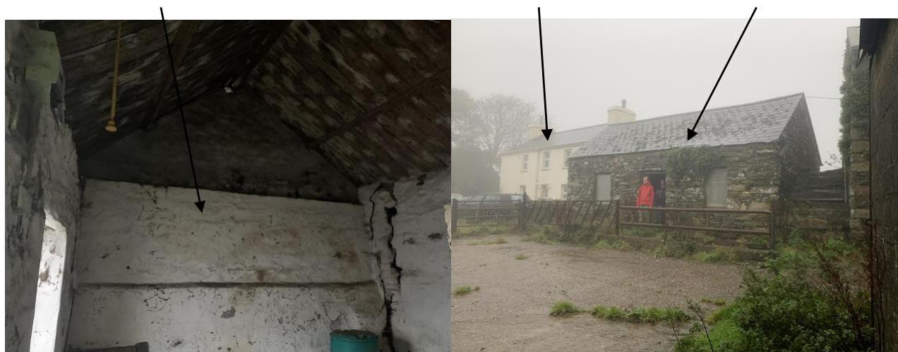 A composite image displaying the interior condition of a stone barn with exposed timber beams and cracked walls, paired with an exterior view of the stone building and roofline.