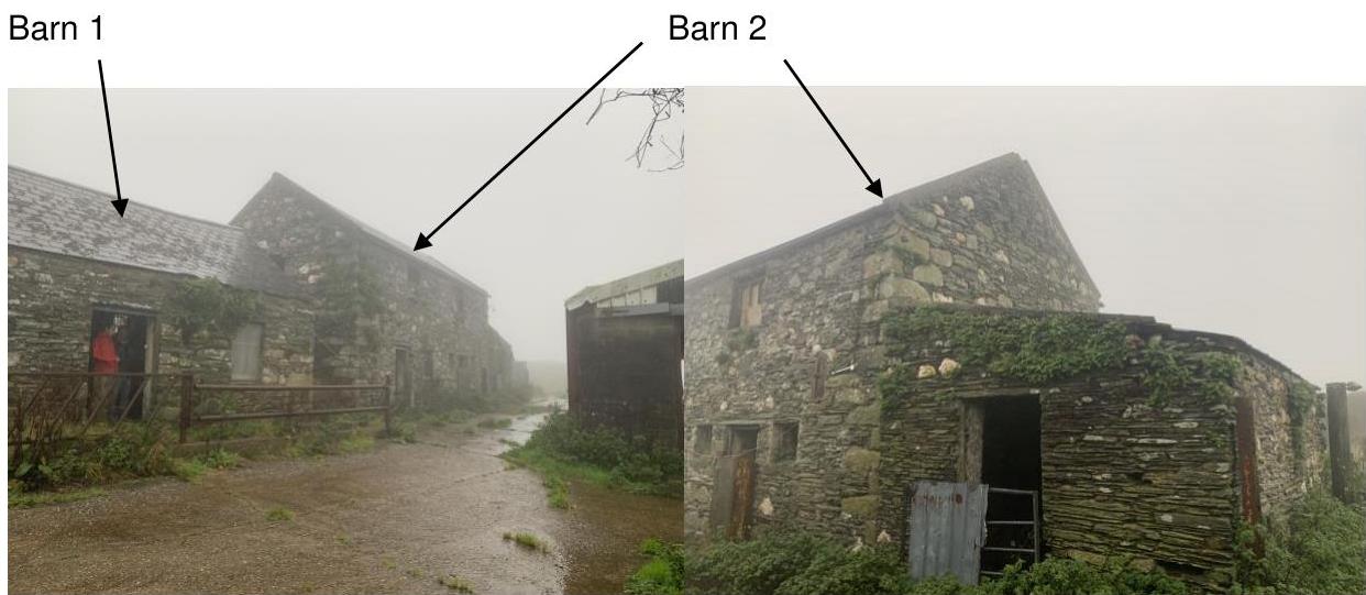 A composite photograph showing two existing stone agricultural buildings labeled 'Barn 1' and 'Barn 2' situated in a misty rural setting.