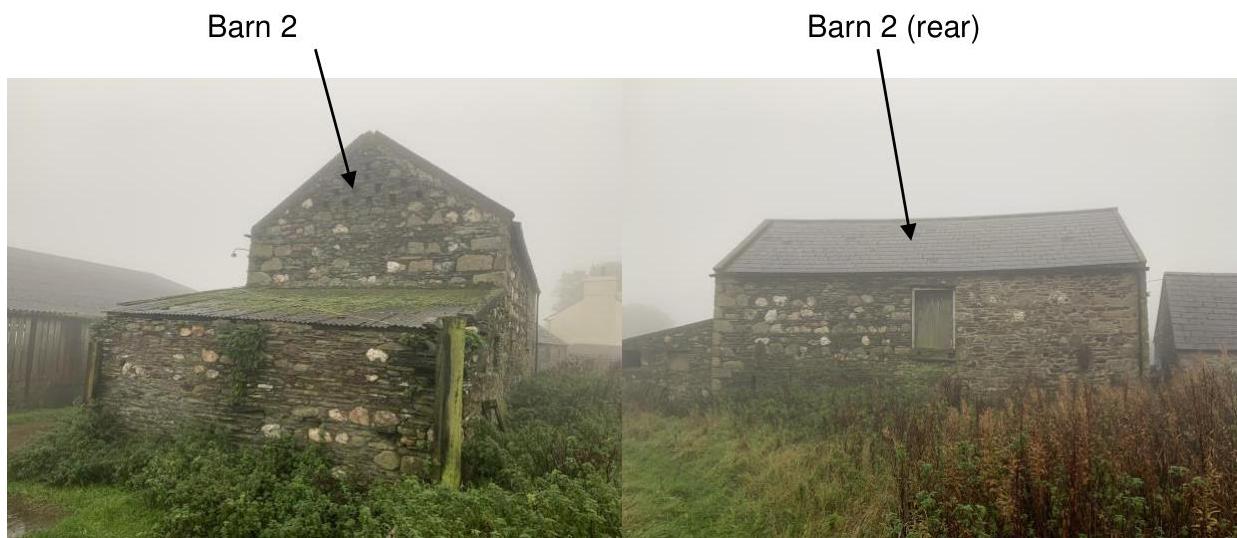 Side-by-side photographs showing the front and rear elevations of a stone barn labeled 'Barn 2' in a misty, rural environment.