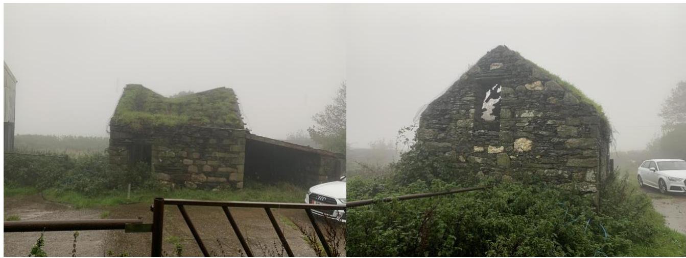 A composite photograph showing two dilapidated stone barns with grass-covered roofs in a foggy rural setting, likely the existing structures proposed for conversion.