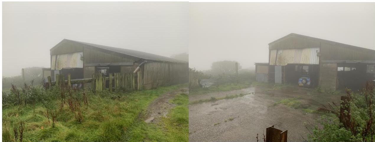 A composite image showing two views of existing agricultural barns in a foggy rural environment, illustrating the current site conditions.