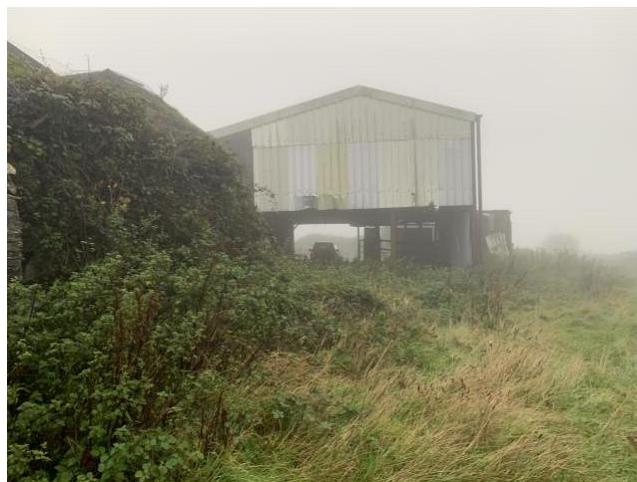 A misty photograph showing a large metal-clad agricultural barn situated on a grassy slope with overgrown vegetation in the foreground.