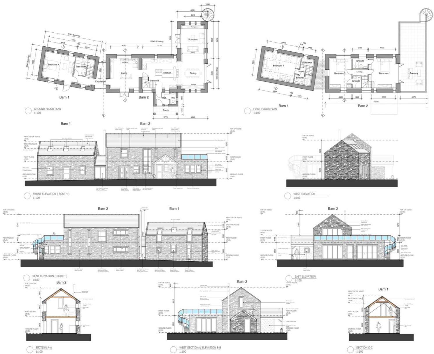 This image displays a sheet of architectural drawings for a barn conversion project, including ground and first floor plans, elevations, and sectional views.