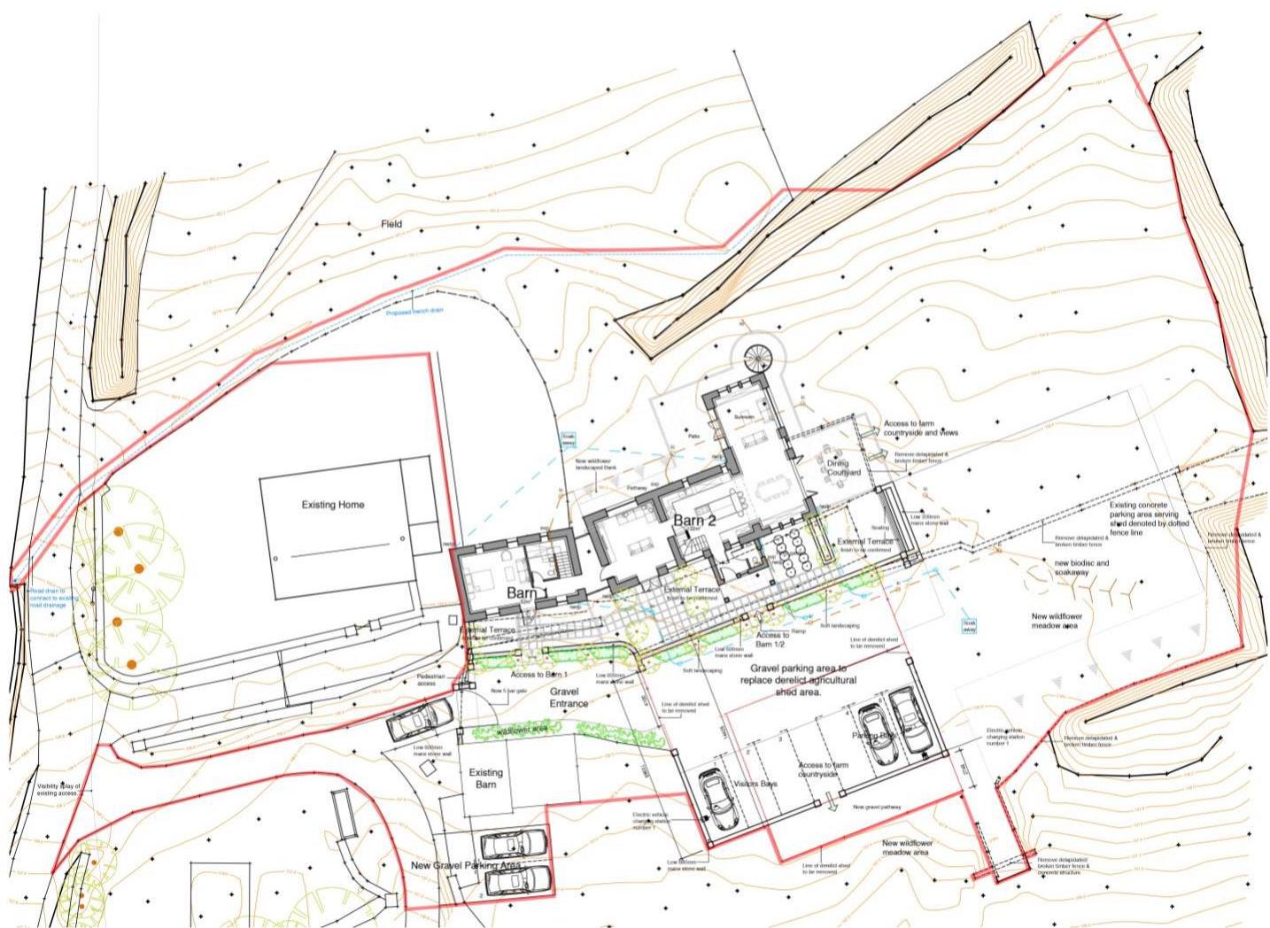 A detailed site plan illustrating the layout of existing barns and a home, highlighting proposed parking areas, landscaping, and access routes with topographical contour lines.