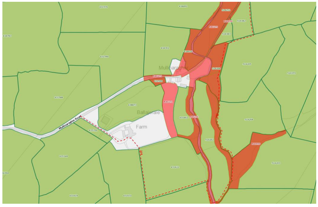 A site plan showing rural agricultural fields, a farm building, and red shaded areas indicating flood risk zones or drainage overlays.