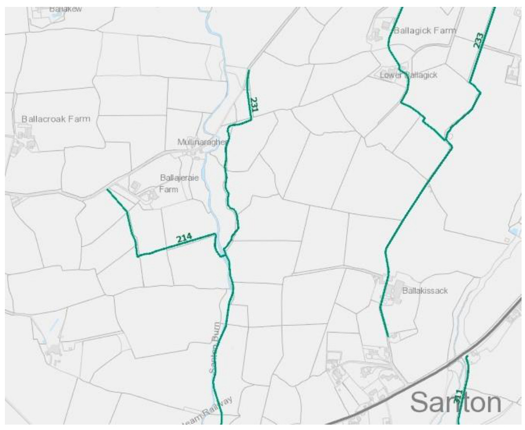 A location map displaying the site boundary highlighted in green, situated near Ballajeraie Farm and the Santon Burn with surrounding roads.