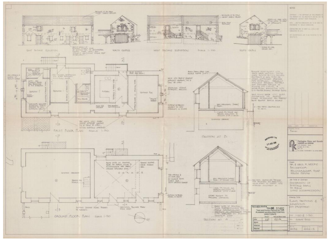 Architectural drawing sheet displaying elevations, floor plans, and sections for a barn conversion and garage extension project.