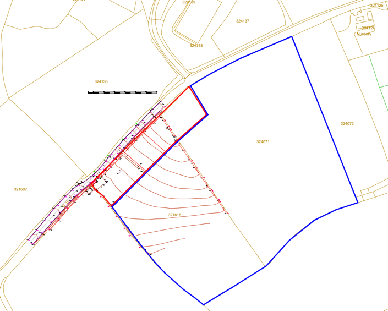 A site plan displaying land boundaries in blue and red lines with a scale bar and faint field markings.