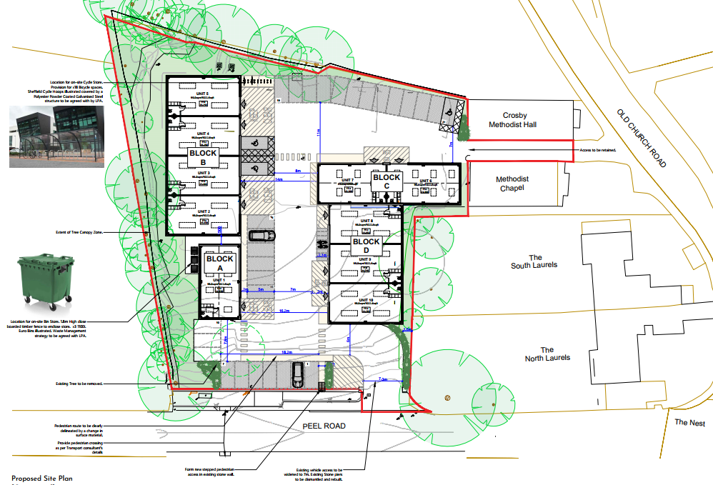 This is a proposed site plan showing the layout of four blocks of general industrial units, including parking areas, landscaping, and access points from Peel Road.