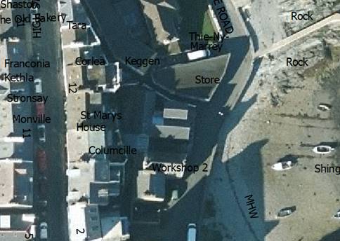 An aerial map view of a coastal site showing labeled buildings like St Marys House and Workshop 2 along High Road.