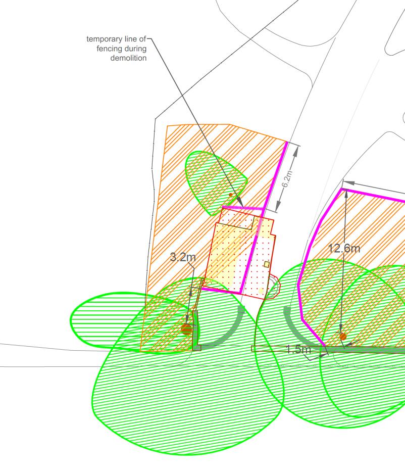 A detailed site plan showing tree canopy protection zones and a temporary fencing line for demolition works.