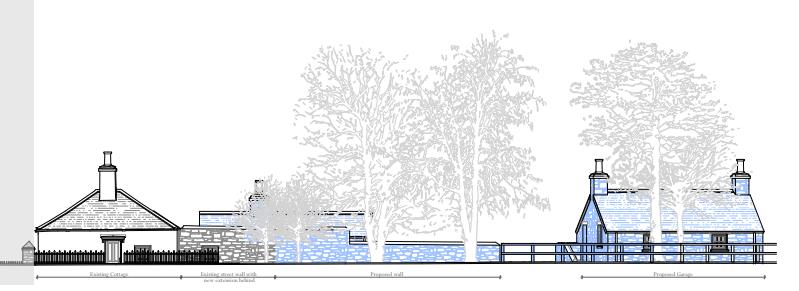Architectural section drawing illustrating an existing cottage, proposed garage, and landscape features including trees, walls, and fences.