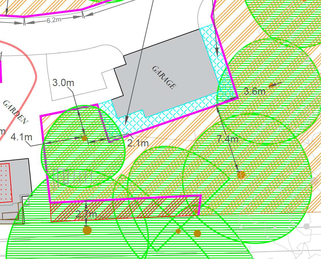 A detailed site plan or landscape drawing showing a garage, garden area, and multiple trees marked with green canopy circles and measurements.