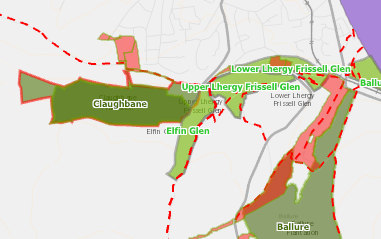 A planning map showing designated areas and boundaries in a rural location, specifically highlighting glens and local place names like Claughbane and Ballure.