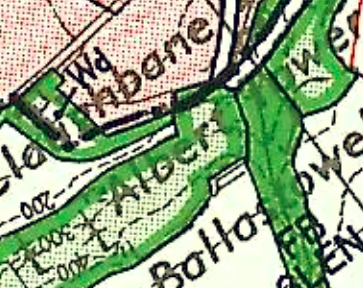 Close-up view of a site map showing field boundaries, green shading for vegetation, and text labels.