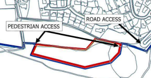 A site plan illustrating a proposed development boundary in red with arrows indicating pedestrian and road access points.