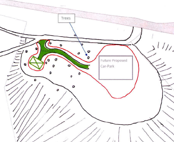 A hand-drawn site plan sketch illustrating the layout for a future proposed car park, including tree locations and boundary lines.