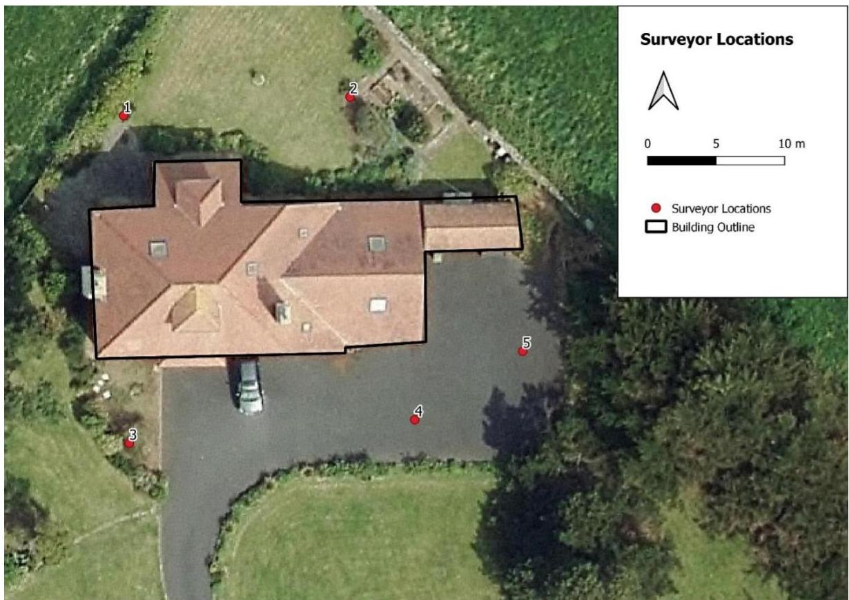 An aerial site plan showing a large detached house with a black building outline and red dots marking surveyor locations for a bat report.