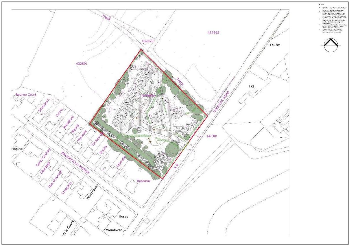A site plan showing a specific plot of land outlined in red, featuring building footprints, trees, and landscaping. The plan is situated near Douglas Road and shows surrounding properties and tracks.