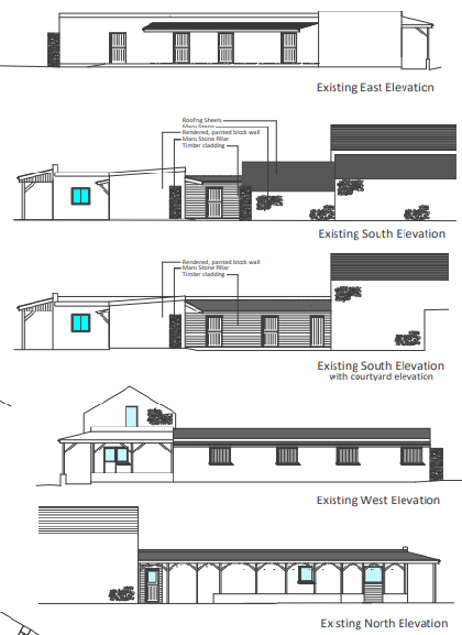 The image presents a series of architectural elevation drawings labeled East, South, West, and North, showing the existing building structure and material details.