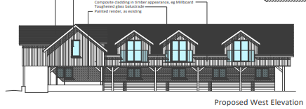 Architectural elevation drawing showing the proposed west elevation of a building conversion with dormer windows and material annotations.