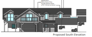 An architectural elevation drawing labeled 'Proposed South Elevation' showing the exterior design of a converted stable building with specific material annotations.