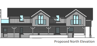 The image shows a technical architectural drawing labeled 'Proposed North Elevation', depicting the front facade of a two-story building with a mix of brick and timber cladding.