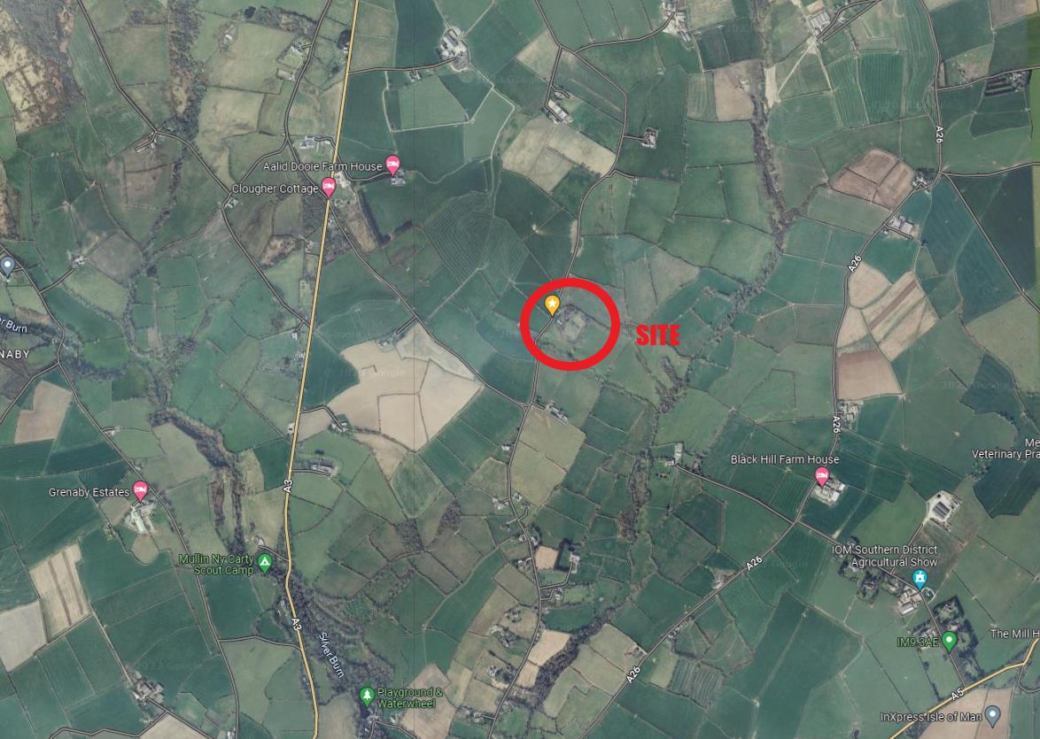 An aerial satellite map view highlighting a specific plot of land in a rural agricultural area with a red circle labeled 'SITE'.