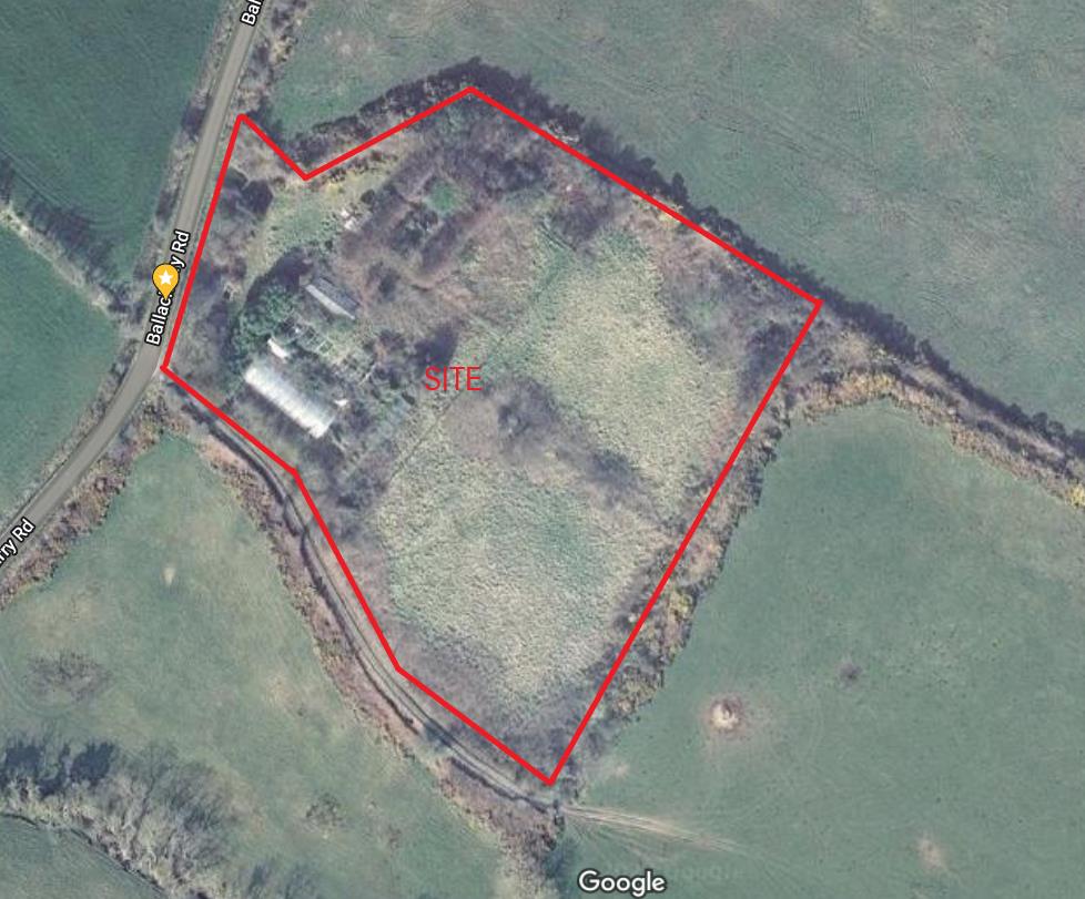An aerial site location map showing a rural plot of land outlined in red with the label 'SITE' situated next to Ballacry Road.