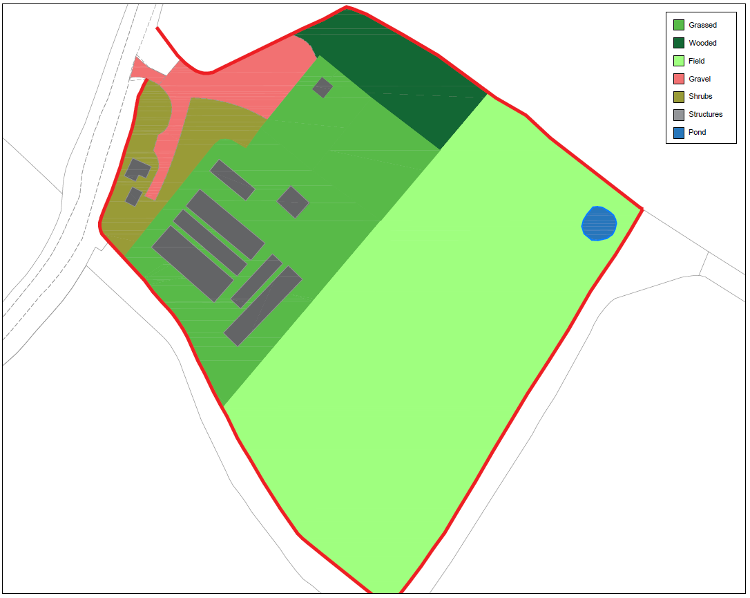 A site plan illustrating land use and vegetation types with a legend, showing existing structures, a pond, and field boundaries.