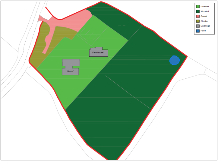 A site plan illustrating land use categories such as grassed and wooded areas, alongside existing farm buildings and proposed dwelling footprints within a red boundary line.