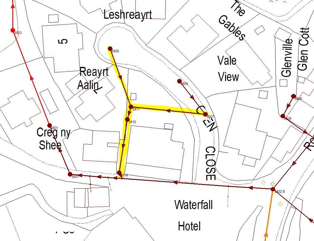 A site plan showing the location of the Waterfall Hotel and surrounding properties like Creg ny Shee, with highlighted boundaries and survey points.