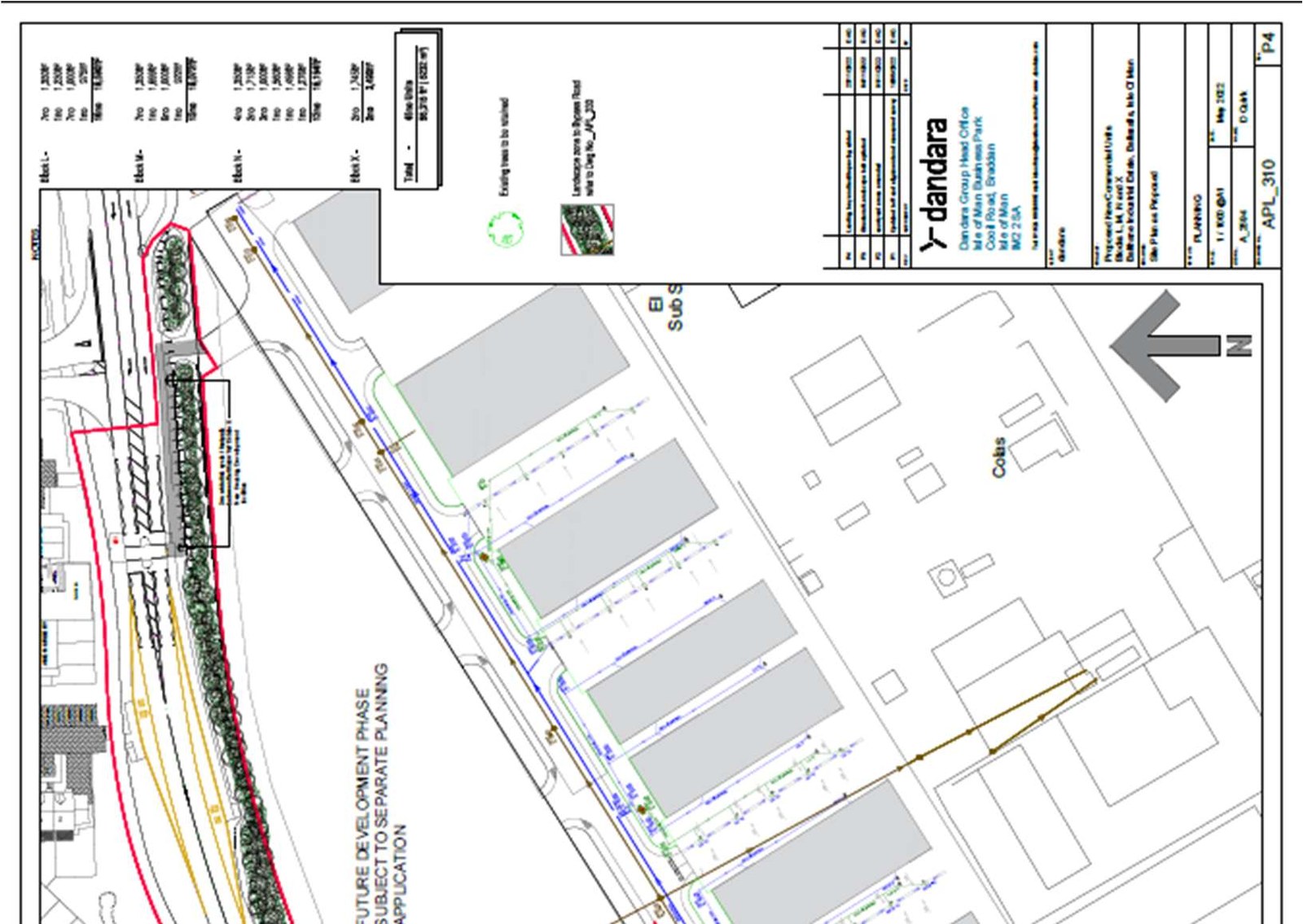 A technical site plan showing proposed building footprints, drainage infrastructure, landscaping with trees, and site boundaries.