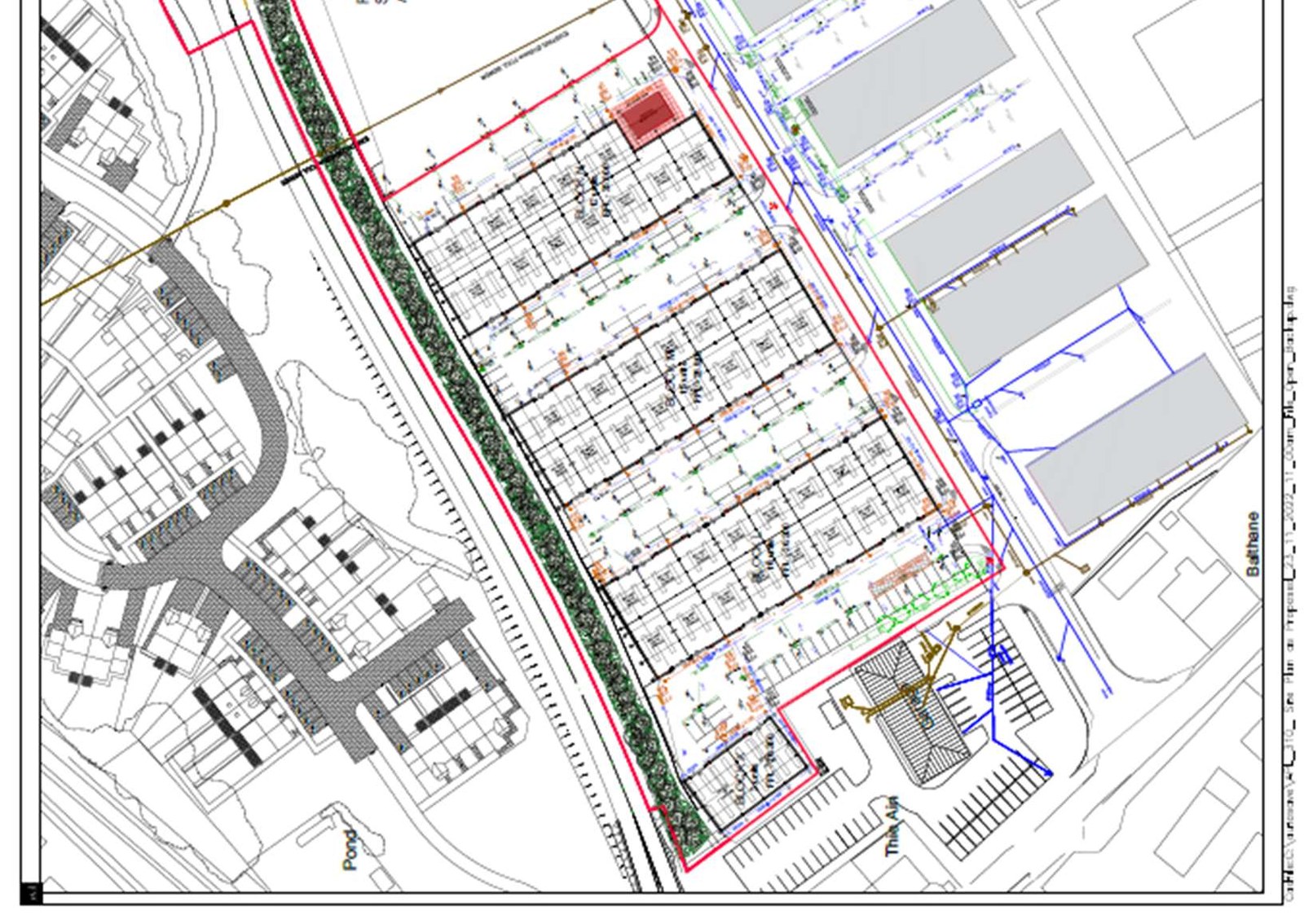 A technical site plan showing a large grid layout, likely a car park or foundation, with blue drainage lines and a red boundary line along Bath Lane.