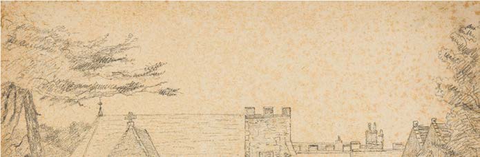 A pencil sketch on aged paper depicting a stone building with crenellated walls and surrounding trees.