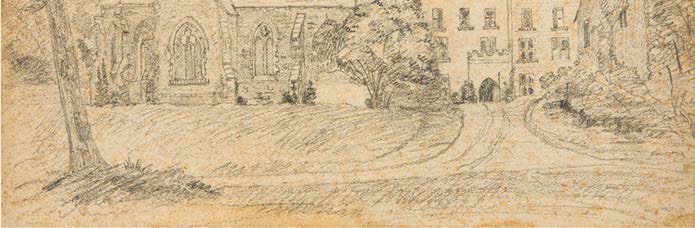 A hand-drawn architectural sketch or perspective view of a large historic building featuring Gothic-style arched windows and a driveway.